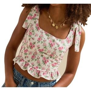 Altar'd State Floral Crop Top Women's L White Pink Tie Strap Ruffle Hem NWT Fun